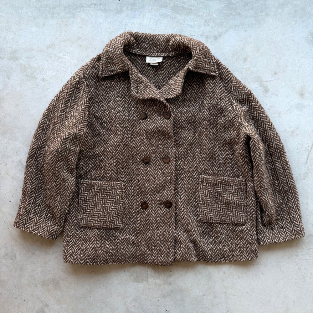 Boyne Valley Weavers Vintage Irish Wool Herringbone Jacket Brown Double Breasted